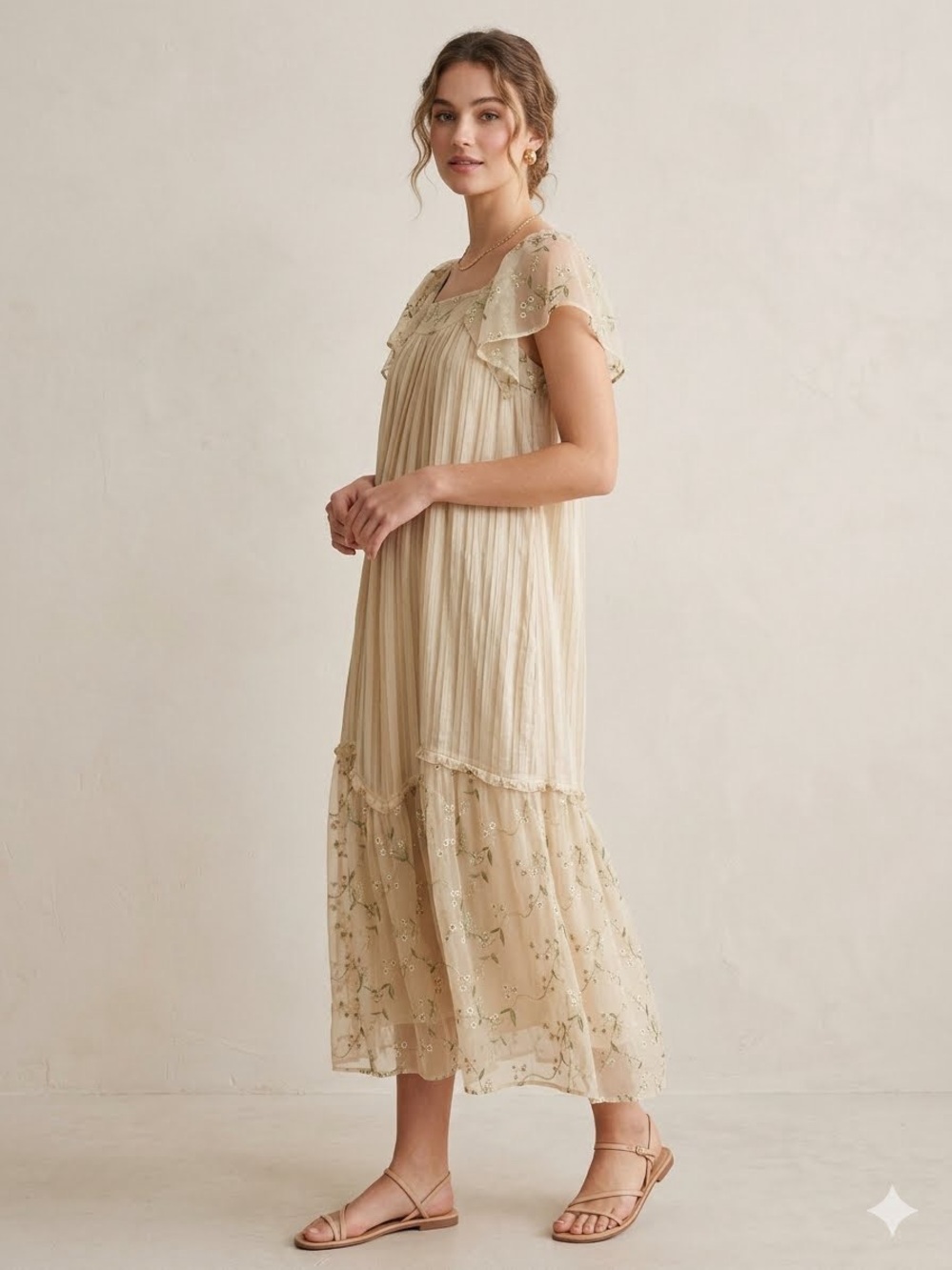 Ethereal Cream Floral Embroidered Tiered Midi Dress